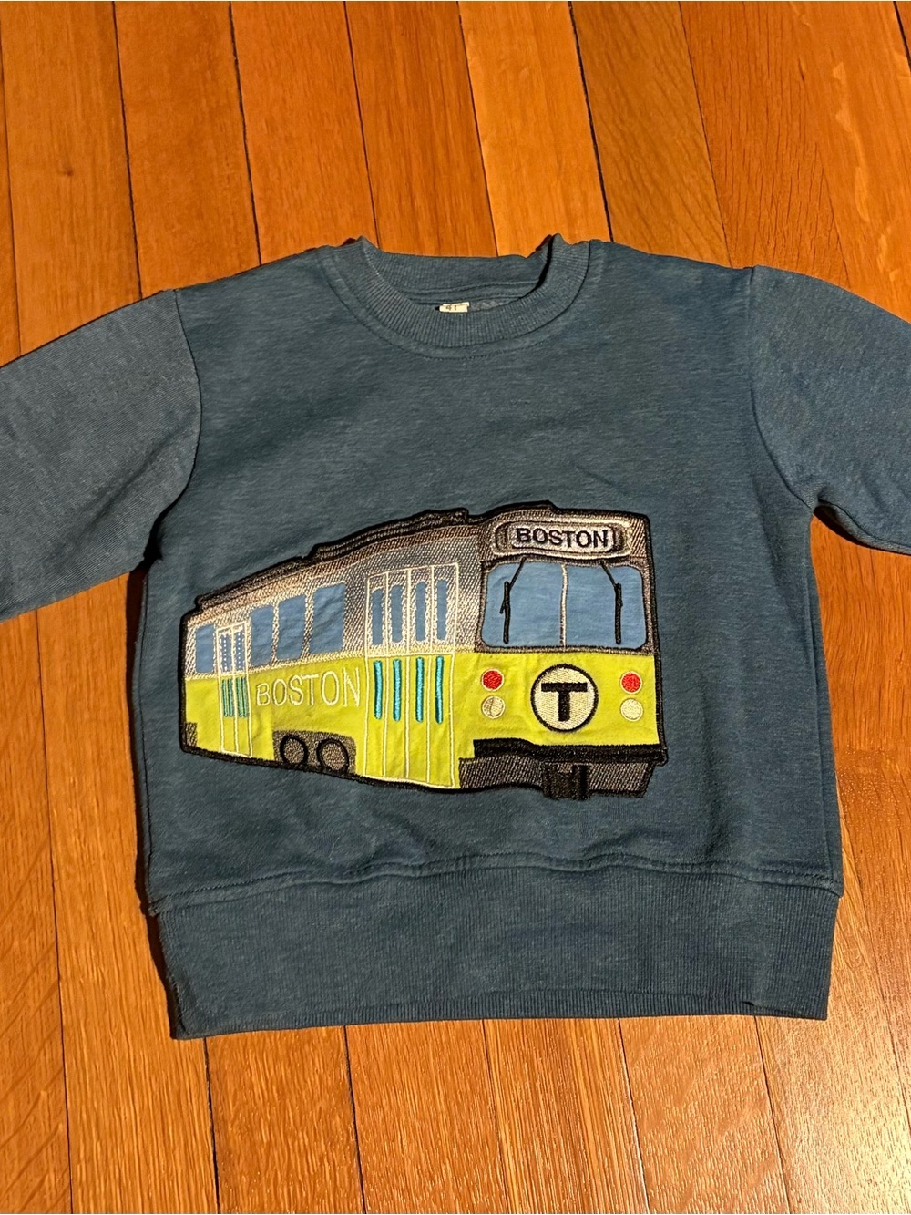 Kids Blue Crewneck Sweatshirt with type MBTA green line Boston Trolley Applique
